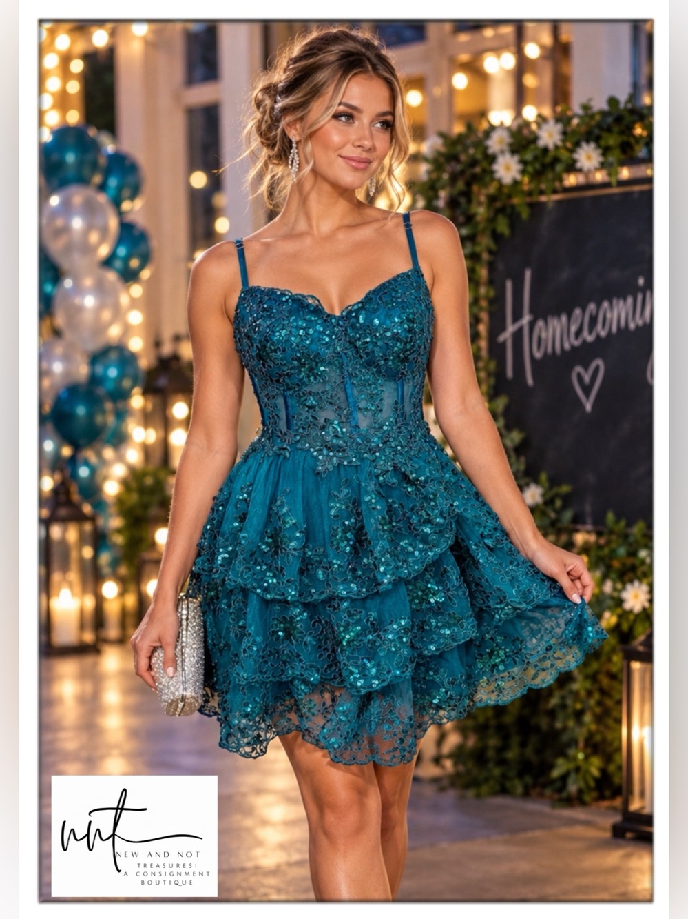 Teal Sequin Lace Corset Tiered Homecoming Mini Dress Size 10